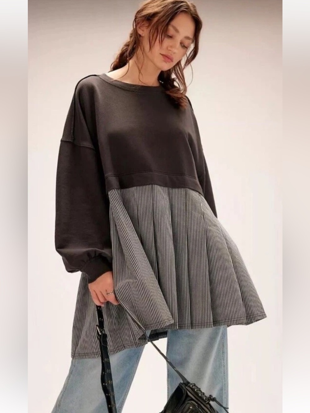 Free People Eleanor Sweatshirt Tunic Dress Oversized Cotton Striped M NEW 275045